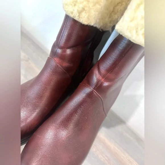 Womens Reddish Brown W Beige Fuzzy Faux Fur Heeled Booties Boots Size 8 - Picture 8 of 16